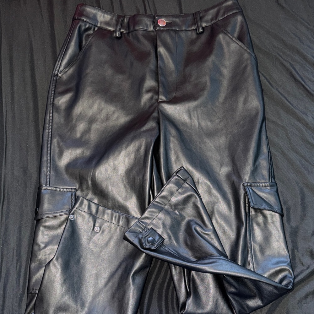 Black Faux Leather Cargo Pants